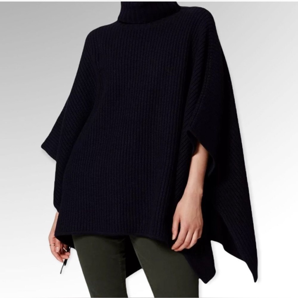 Loft Turtleneck Tie-Side Wool Blend Poncho Navy Blue Medium/Large Petite